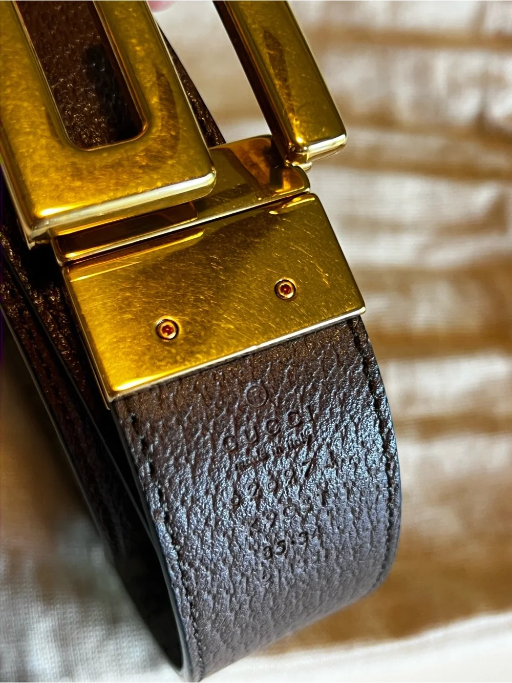 Gucci Reversible Leather Belt - Gold Square G Buckle (Brown and GG Canva)